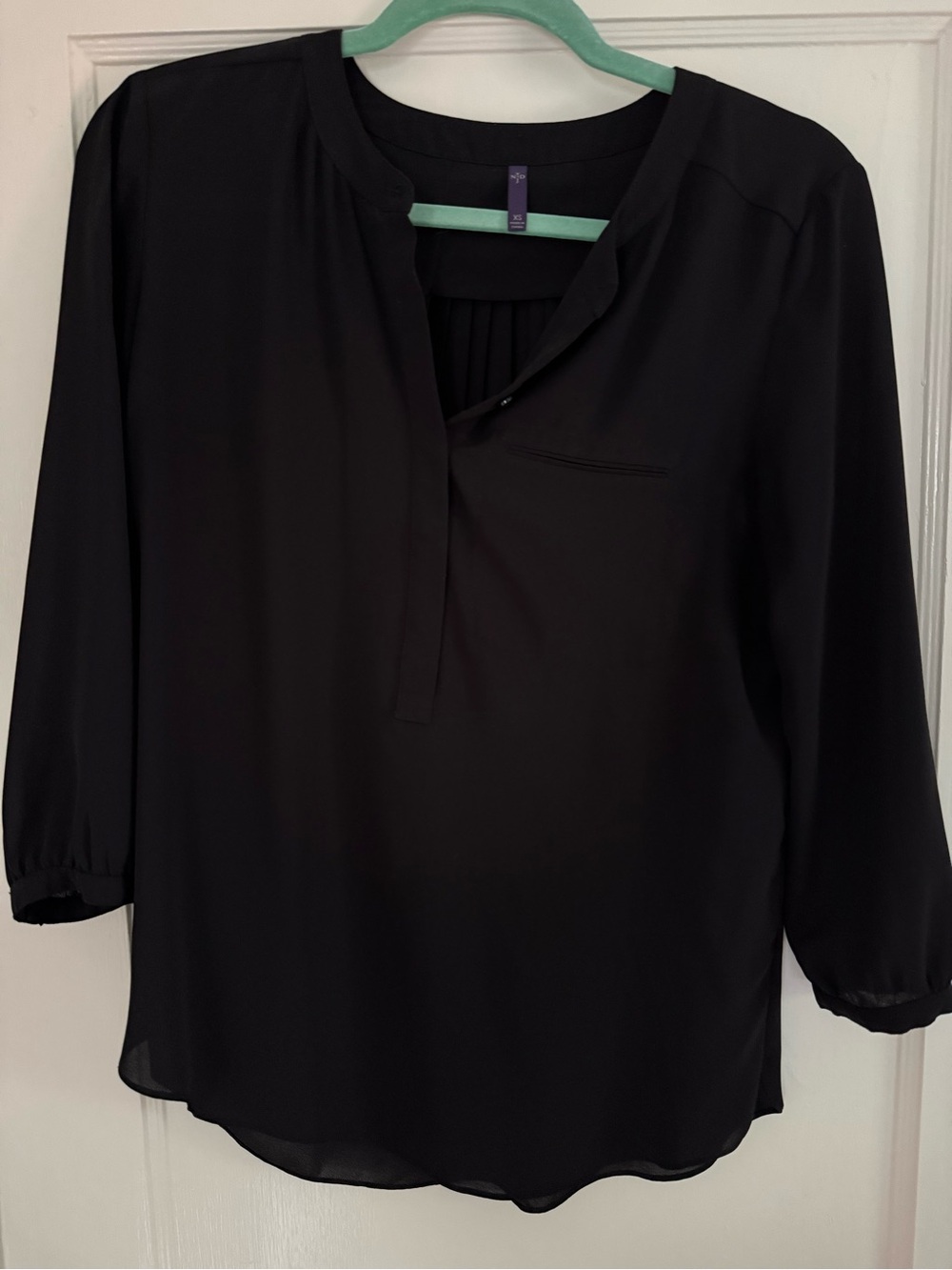 NYDJ Black Split-Neck Blouse with Three-Quarter Sleeves